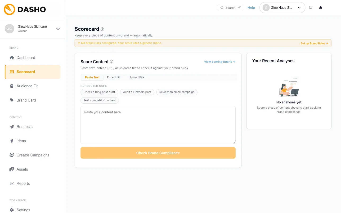 A draft scored against your brand rules before review