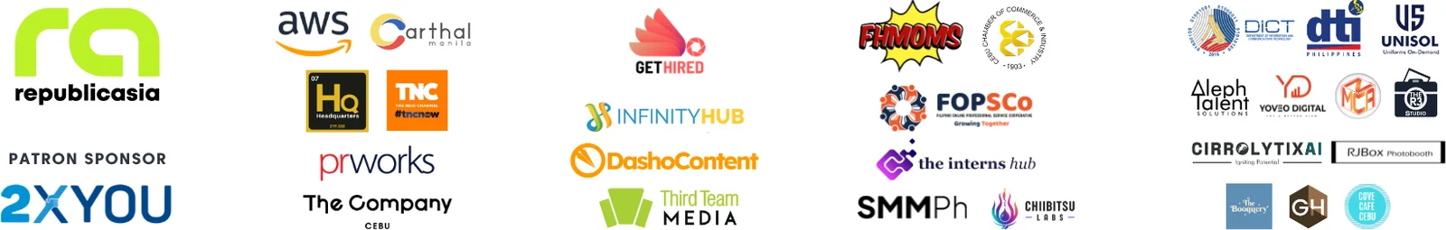 Partners of dashcon 2023: RepublicAsia, 2xYou, AWS, PRWorks, The Company, CirroLytix, DICT, DTI, FOPSCo, SMMPh and others