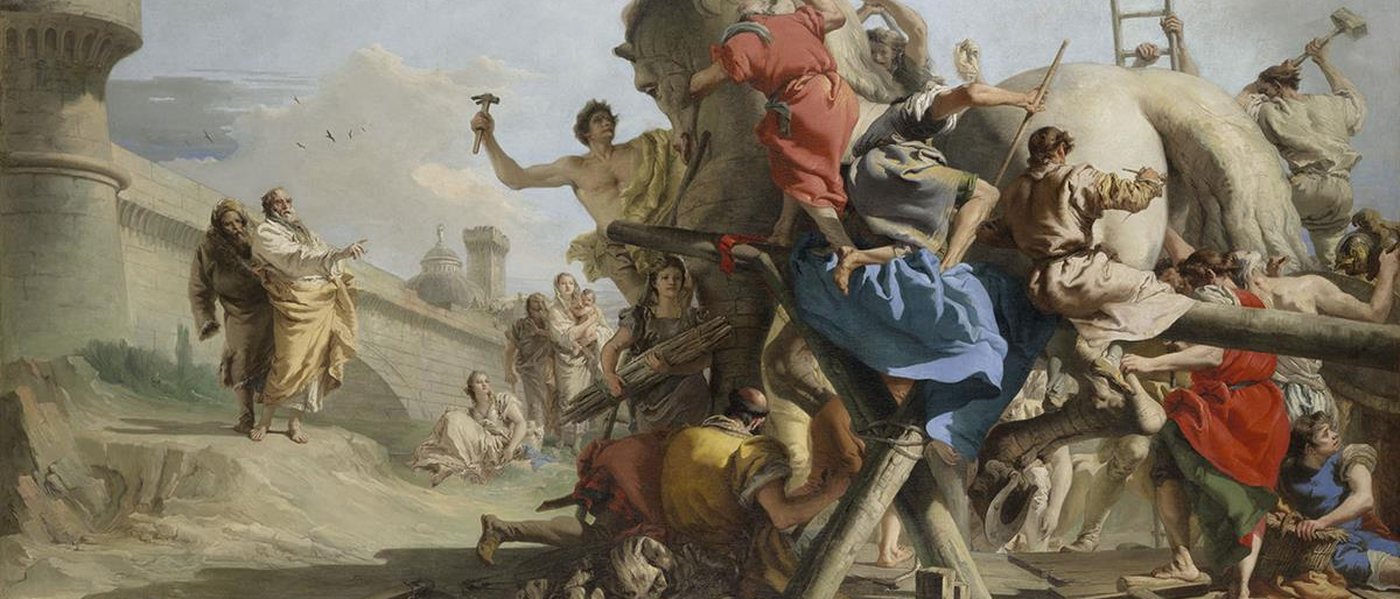 A painting of the Trojan horse being pulled through the city gates