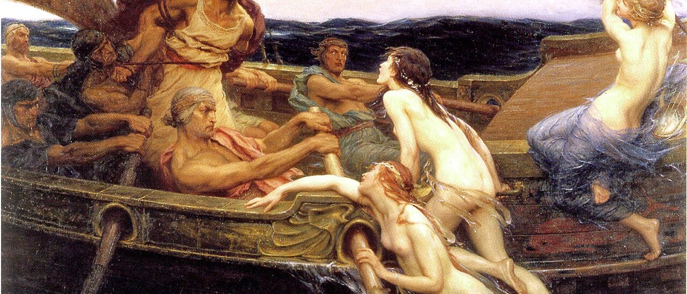 A painting of Ulysses and the sirens at the side of his ship